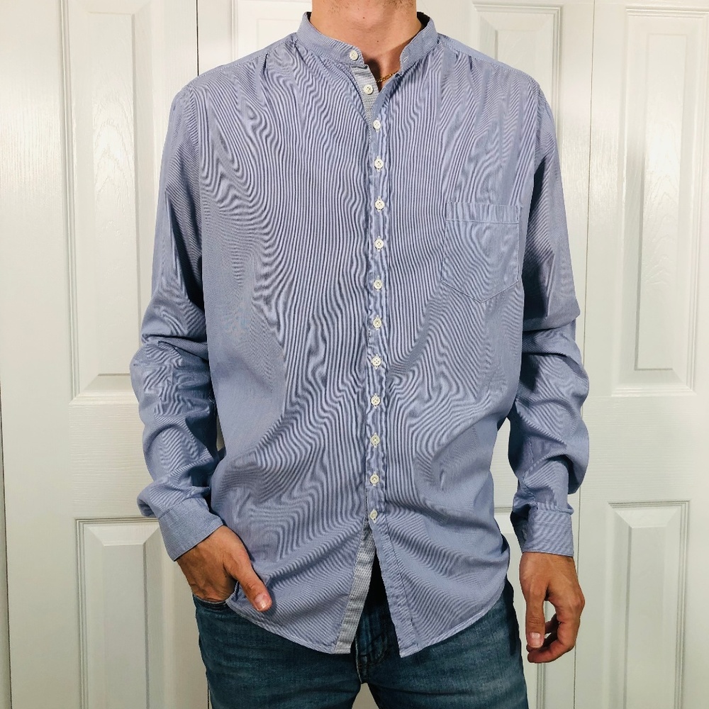 Aglini Italian Blue Striped Mandarin Shirt XL 17